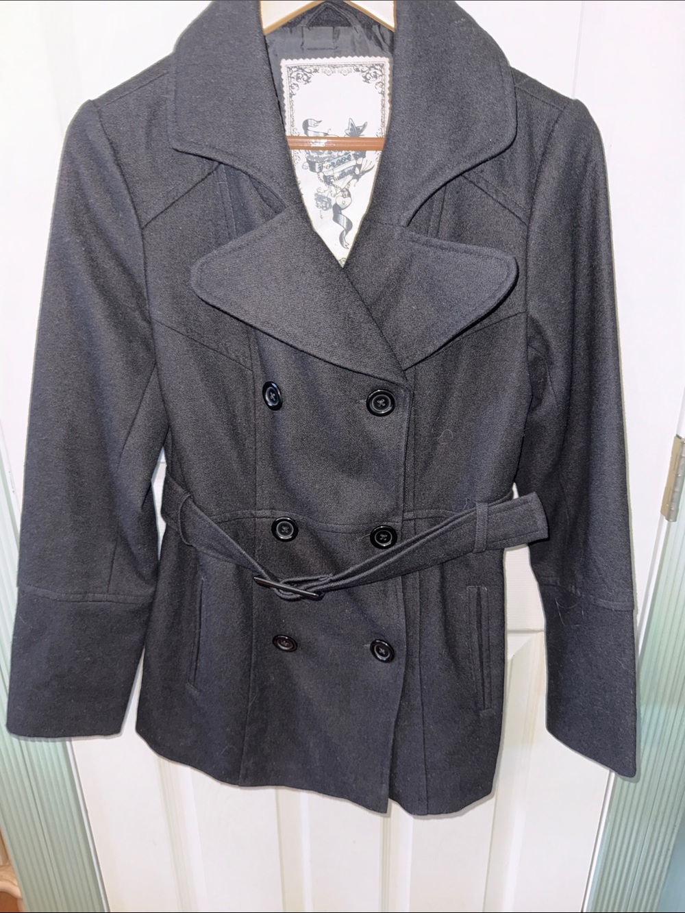 Forever Audrey Womens Charcoal Gray Double-Breasted Wool blend Pea Coat w/Belt